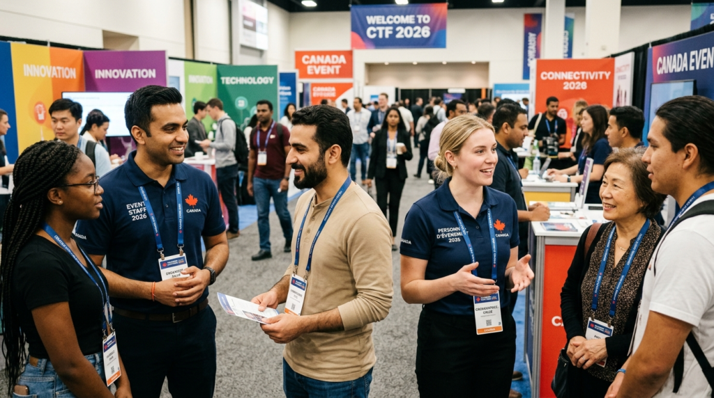 Bilingual Canadian host event staff engaging diverse attendees at a Canadian convention in 2026.
