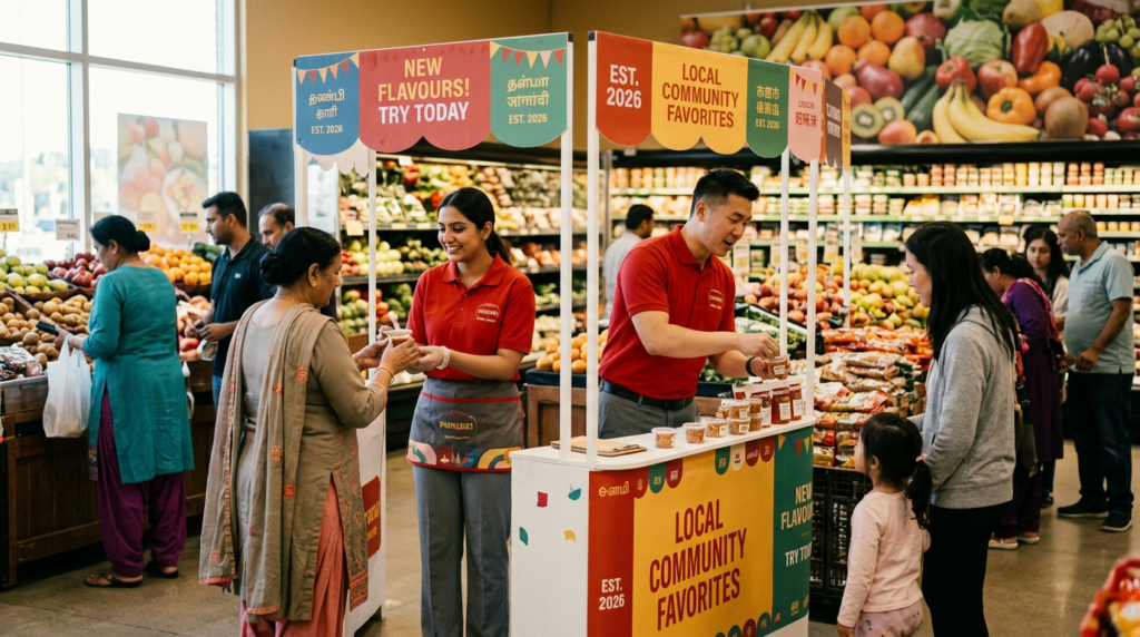 Pop-up shop brand activation in a multicultural Toronto neighbourhood with diverse shoppers in 2026.