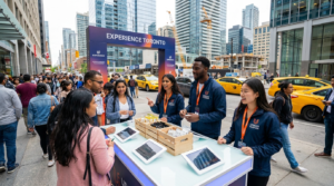 Experiential marketing company team running a brand activation in Toronto in 2026 with diverse brand ambassadors engaging consumers.