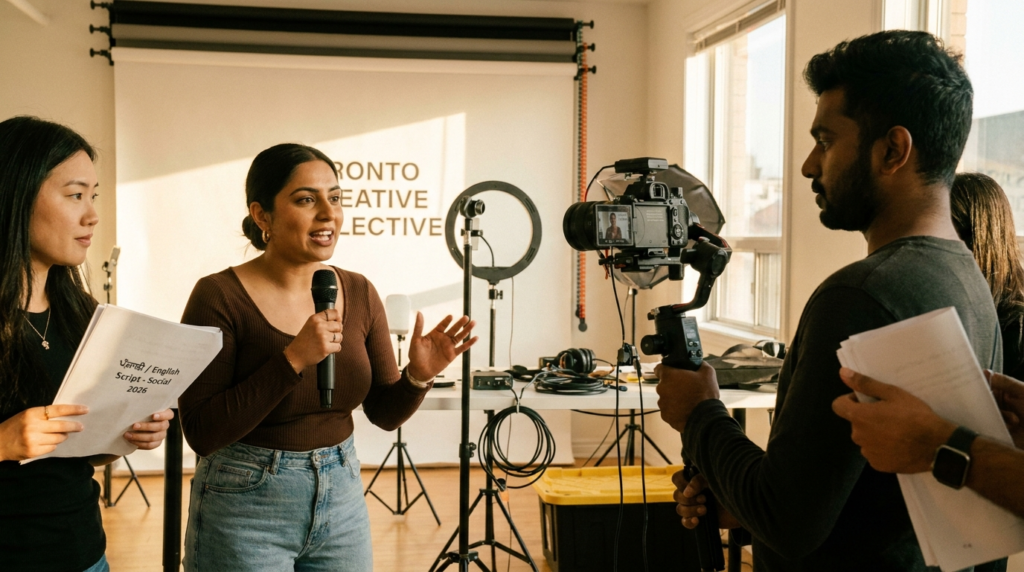 Social media content creation for multicultural Toronto brand activation in 2026 with diverse creative team.