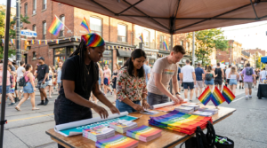 Brand activation team preparing for Toronto Pride 2026 with rainbow flags and community event materials.
