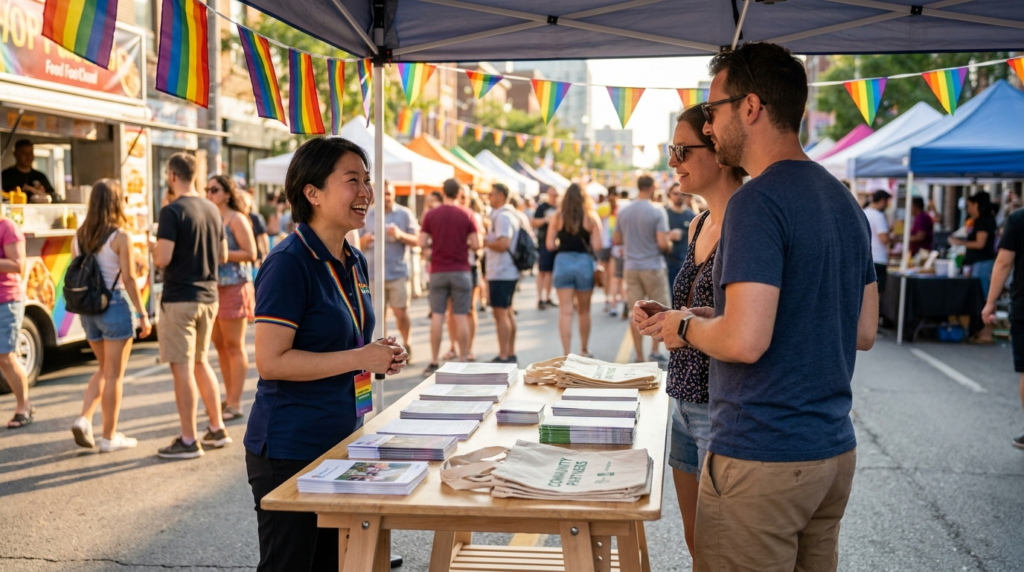 Brand activation booth at Toronto Pride 2026 Street Fair in Church-Wellesley Village with diverse community attendees.