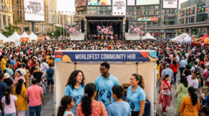 Brand activation team at WorldFest Toronto 2026 with multicultural performers and diverse community attendees at Sankofa Square.