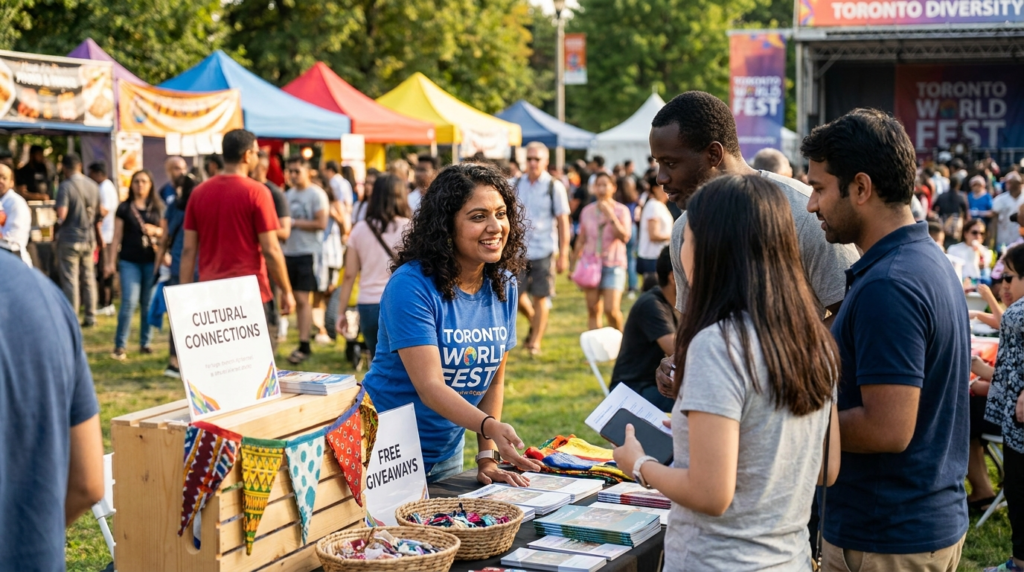WorldFest Toronto 2026 vendor brand activation at Sankofa Square with multicultural community attendees and brand ambassador.