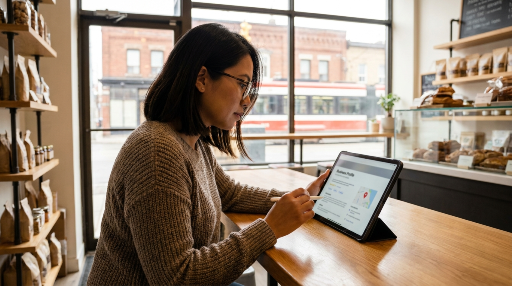 Toronto small business owner updating their Google Business Profile as part of local SEO services in Toronto.