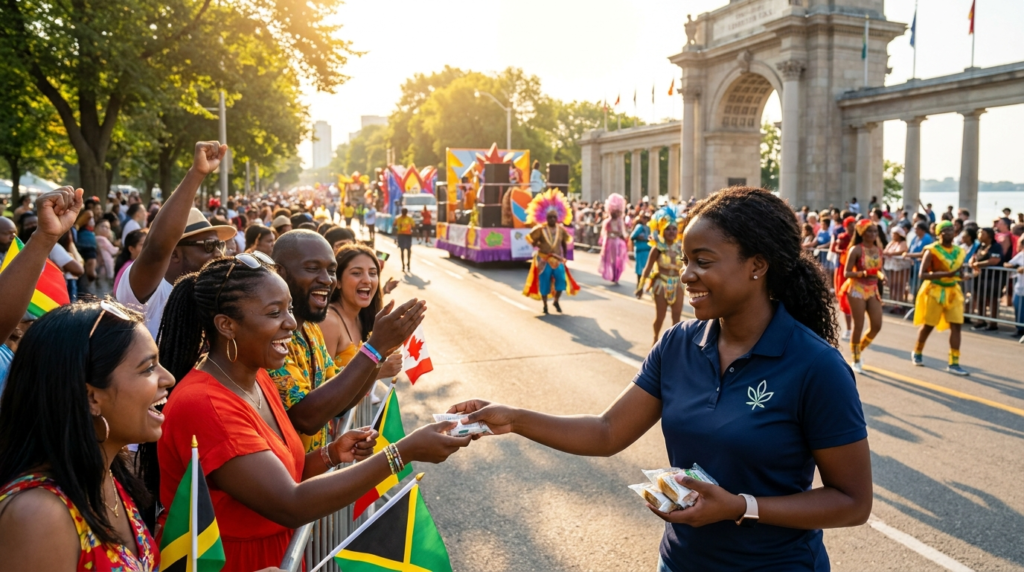 Brand activation team working the crowd at Caribana 2026 along Exhibition Place and Lakeshore Boulevard in Toronto.