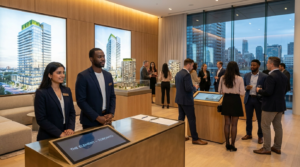 Real estate marketing Toronto sales centre activation with multicultural brand ambassadors welcoming prospective buyers at a GTA condo launch event.
