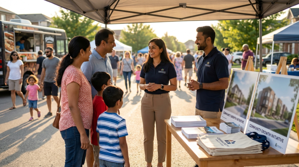 Real estate marketing Toronto multicultural community event with developer brand ambassadors engaging South Asian Canadian families at a GTA neighbourhood activation.