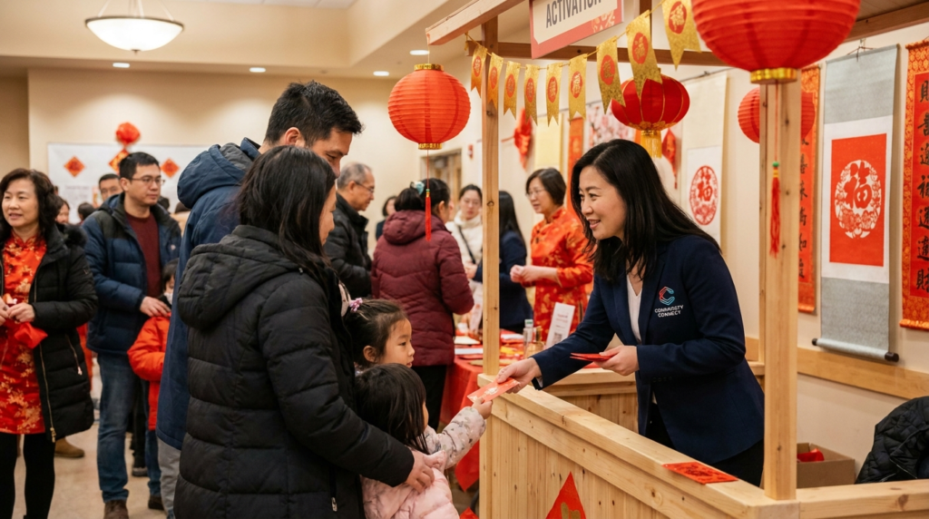 Telecom marketing Canada cultural community activation with bilingual brand ambassadors at a Chinese Canadian Lunar New Year community event in Markham Ontario.