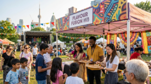 Food and beverage marketing in Canada brand ambassador team offering product sampling to multicultural festival attendees at a summer cultural event in the GTA.