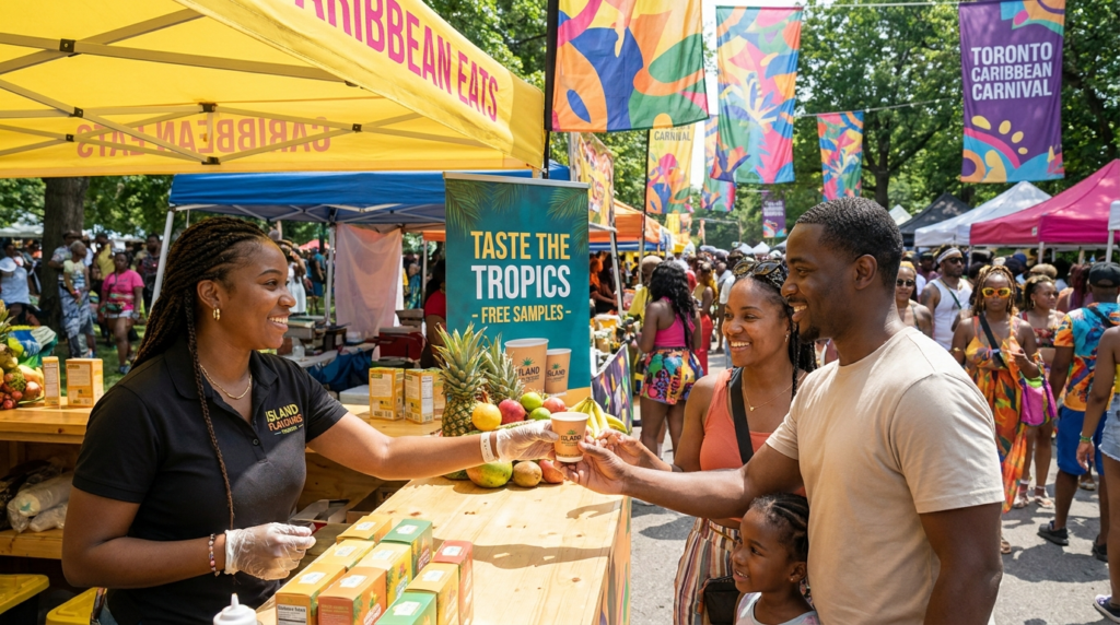 Food and beverage marketing in Canada brand activation booth at Caribana Toronto Caribbean Carnival with Caribbean Canadian brand ambassadors engaging festival crowd.