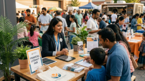 Financial services marketing in Canada brand ambassador team at a multicultural community financial literacy event in the GTA, engaging South Asian and Caribbean Canadian community members.