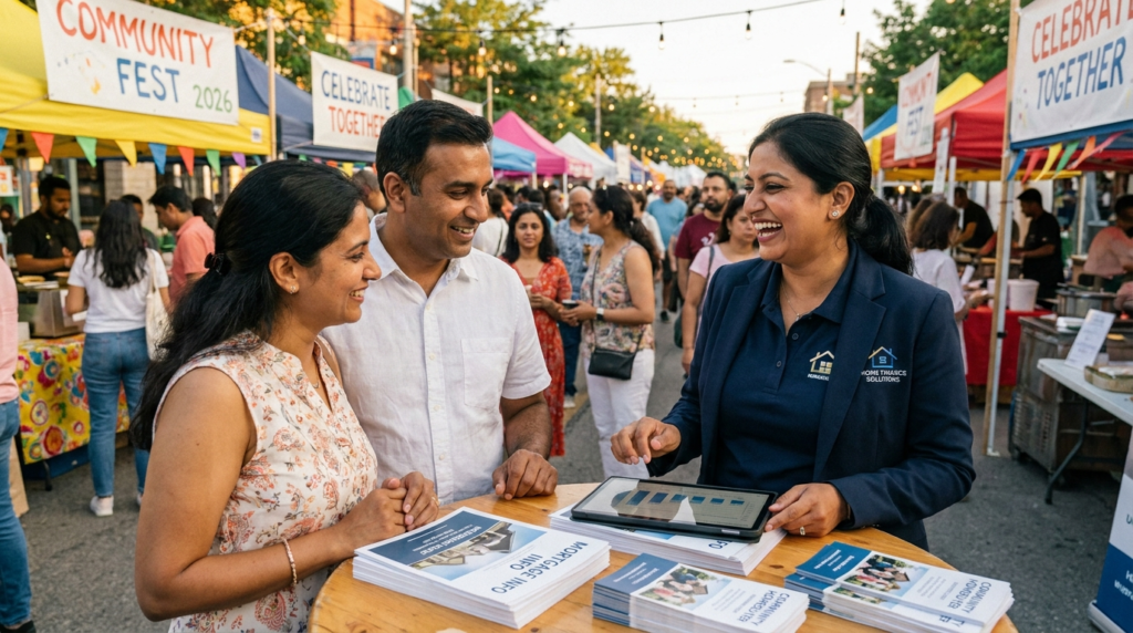 Mortgage broker marketing Canada brand ambassador at a multicultural community festival in the GTA engaging South Asian and Caribbean Canadian homebuyers.