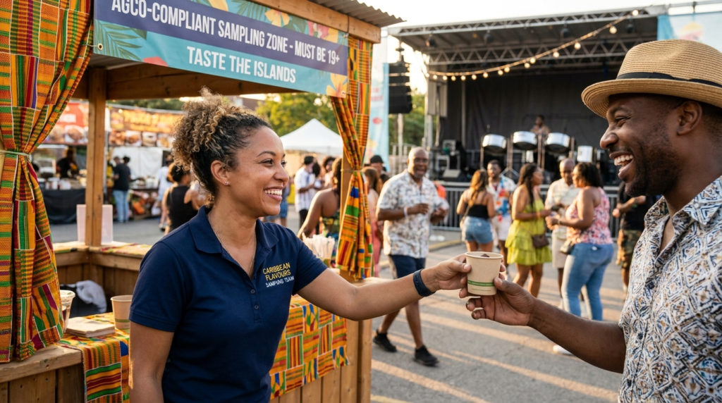 AGCO-compliant product sampling activation for alcohol marketing in Ontario at a Caribbean cultural festival in Toronto with in-language brand ambassador team.