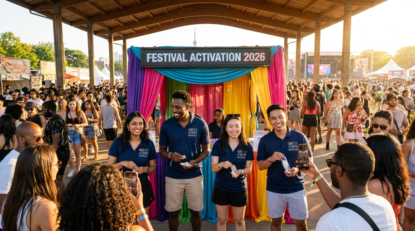 Experiential marketing agency Toronto Brand Guruz brand ambassador team at a multicultural community festival in the GTA engaging diverse community members.