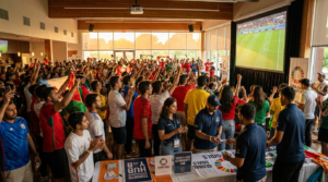 World Cup brand activation Toronto 2026 multicultural community watch party with diverse fans cheering at a community venue in the GTA.
