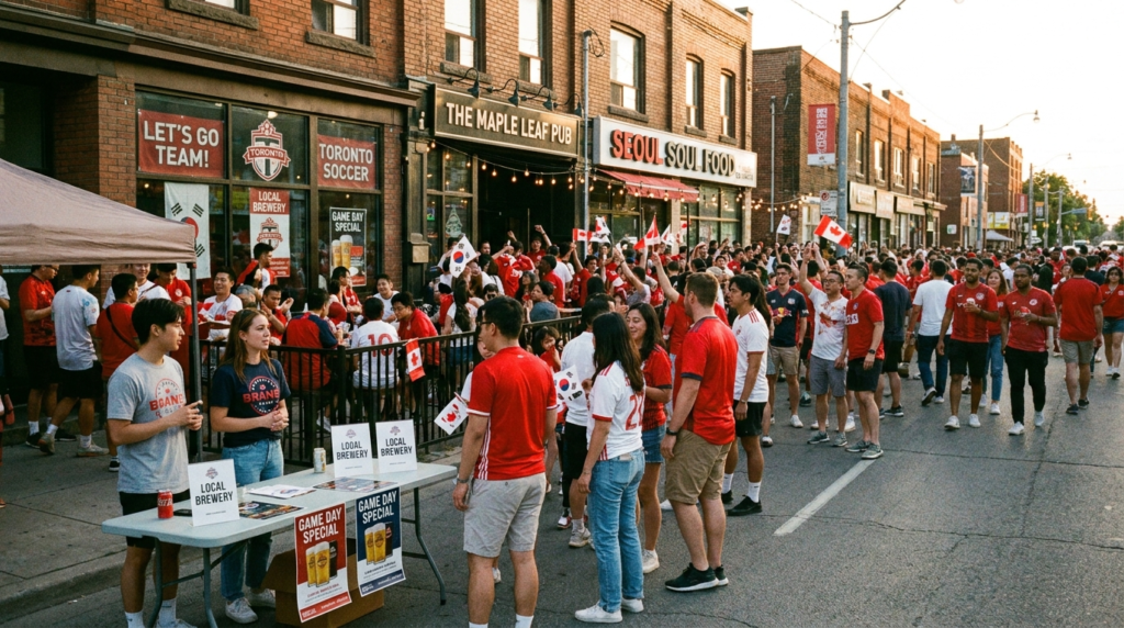 World Cup brand activation in Toronto multicultural neighbourhood fan zone with East Asian Canadian soccer fans celebrating on Bloor Street West.