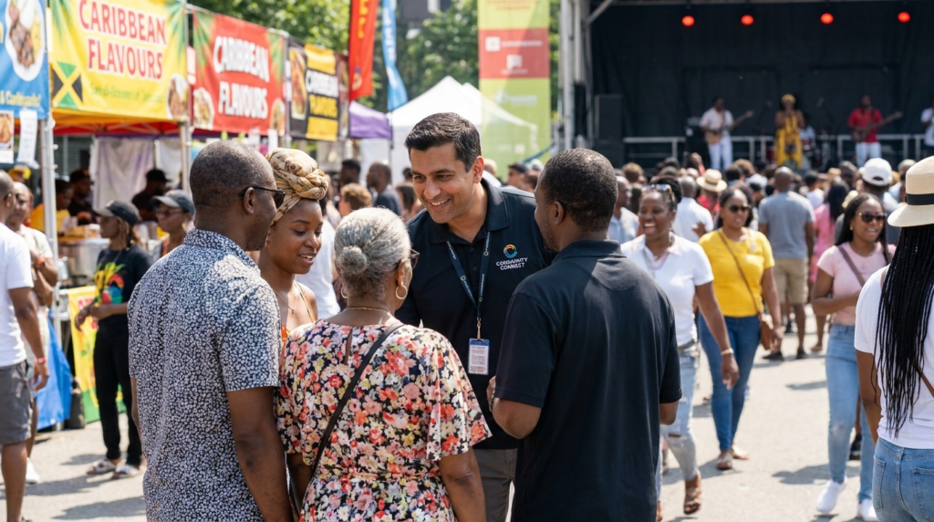 Influencer marketing Canada nano influencer community ambassador at a multicultural community festival in Toronto engaging Caribbean Canadian and South Asian Canadian community members.