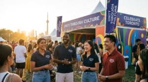 Experiential marketing trends 2026 in Canada shown through a multicultural community brand activation at a GTA cultural festival with diverse brand ambassador team engaging community members.