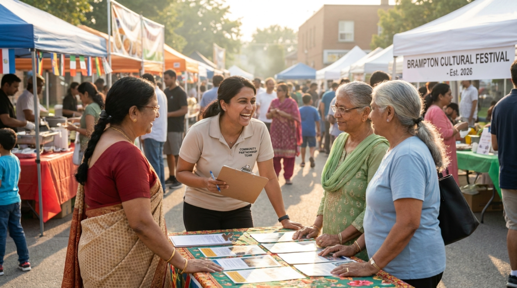 Experiential marketing trends 2026 brand ambassador program in Canada showing in-language brand ambassador engaging multicultural community members at a Canadian cultural festival.