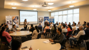 Real estate marketing Toronto in-language homebuyer education workshop for South Asian Canadian community members in a Brampton community centre in 2026.