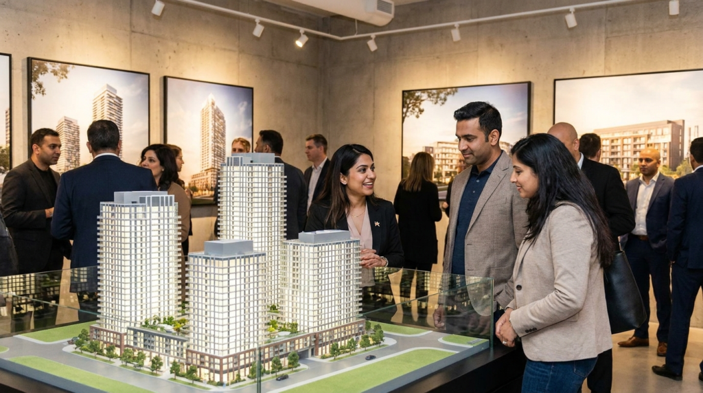 Real estate marketing Toronto pre-construction VIP launch event for multicultural homebuyers with in-language brand ambassador team at a GTA sales centre in 2026.