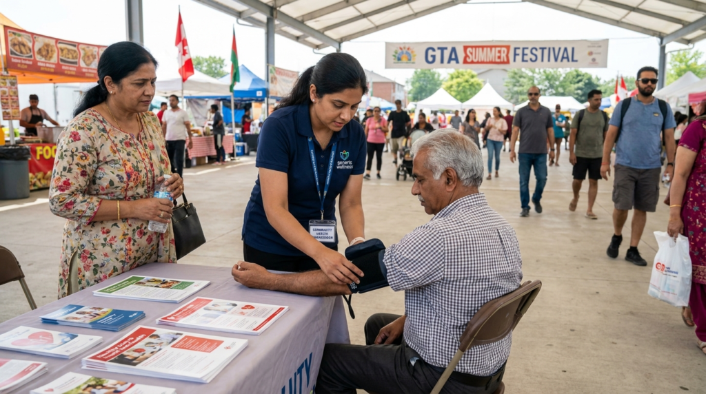 Healthcare marketing Canada brand ambassador conducting a blood pressure screening at a multicultural community festival in the GTA as part of a community health activation program.