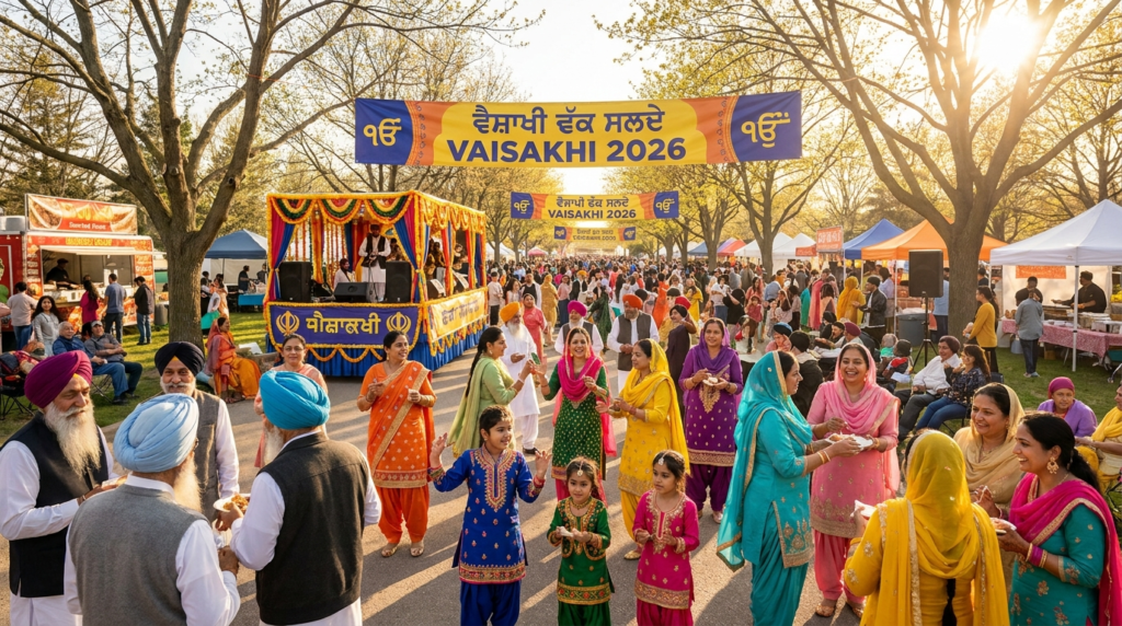 South Asian consumer Canada Brampton community cultural occasion showing Punjabi Canadian families celebrating Vaisakhi at a Brampton cultural event in spring 2026.