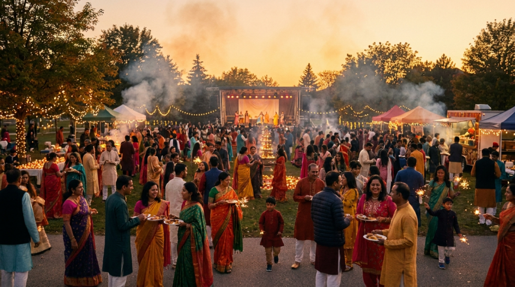 South Asian consumer Canada brand activation at a Diwali community celebration in Mississauga with a multicultural crowd of South Asian Canadian families enjoying a festive outdoor event.