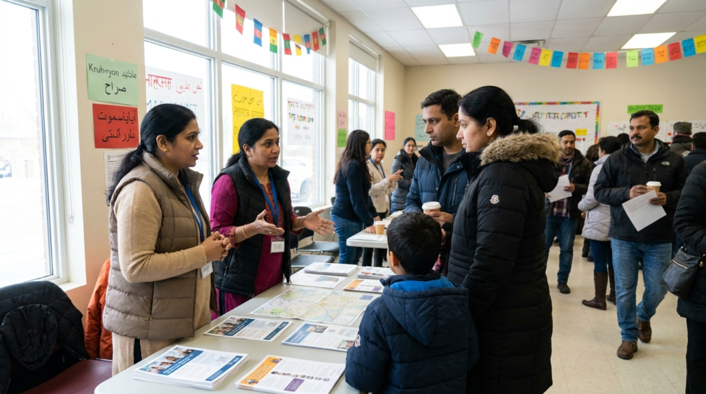 Newcomer marketing Canada: in-language brand ambassadors engaging new permanent residents at a community settlement event in Brampton Ontario in 2026.