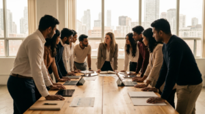 Multicultural brand ambassador team briefing at a pre-event training session in the GTA in 2026, with diverse brand ambassadors reviewing program materials.