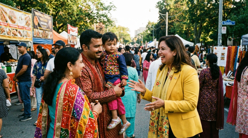 Multicultural brand ambassador engaging with South Asian Canadian community members at a cultural festival in Toronto in 2026.