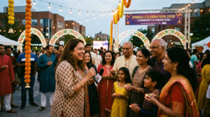 Multicultural marketing Canada: in-language brand ambassador engaging South Asian Canadian community members at a Diwali cultural activation in Brampton in 2026.