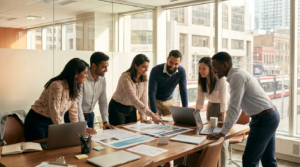 Multicultural marketing agency Canada: diverse brand marketing team reviewing a multicultural campaign strategy in a Toronto office setting.