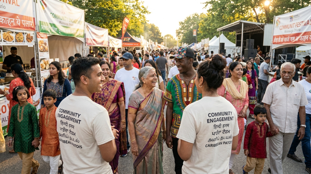Multicultural marketing agency Canada: in-language brand ambassadors engaging with a diverse multicultural community crowd at a GTA festival activation.