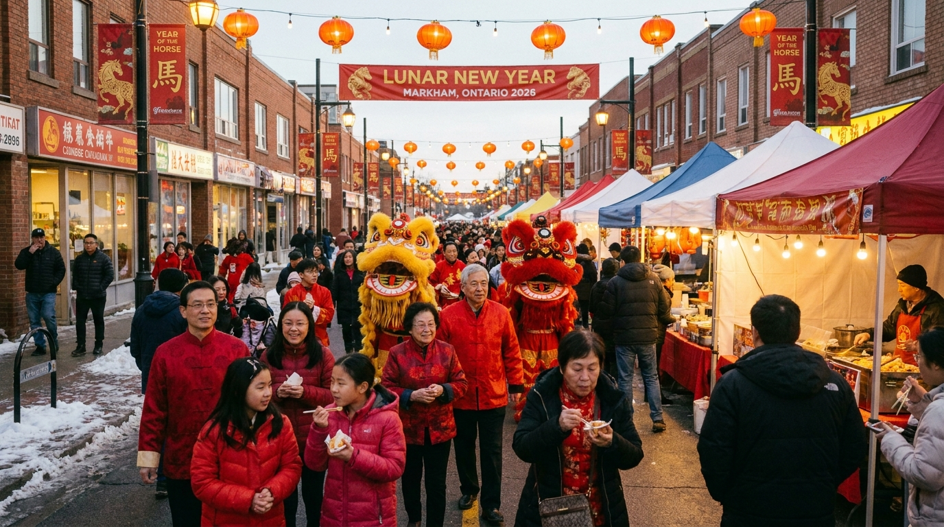 Chinese Canadian consumer 2026: a vibrant Lunar New Year celebration with a diverse Chinese Canadian community crowd in Markham, Ontario.
