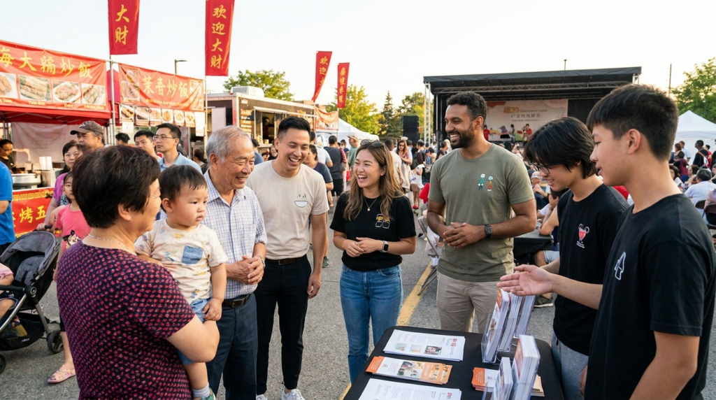 Chinese Canadian consumer 2026: brand ambassador team engaging with Chinese Canadian families at a community cultural event in Markham, Ontario.