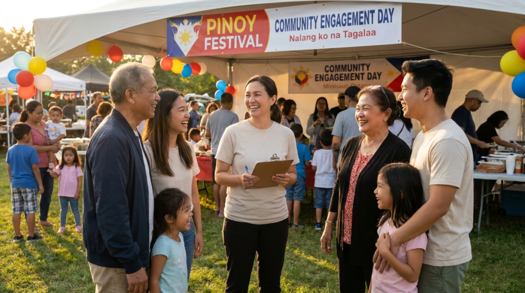 Filipino Canadian consumer 2026: brand ambassadors engaging warmly with Filipino Canadian families at a community cultural activation in Mississauga, Ontario.