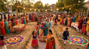 Diwali marketing Canada 2026: South Asian Canadian families celebrating Diwali with diyas and rangoli at a community event in Brampton, Ontario.
