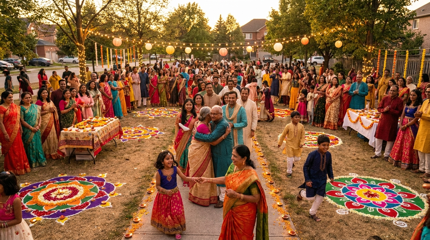 Diwali marketing Canada 2026: South Asian Canadian families celebrating Diwali with diyas and rangoli at a community event in Brampton, Ontario.