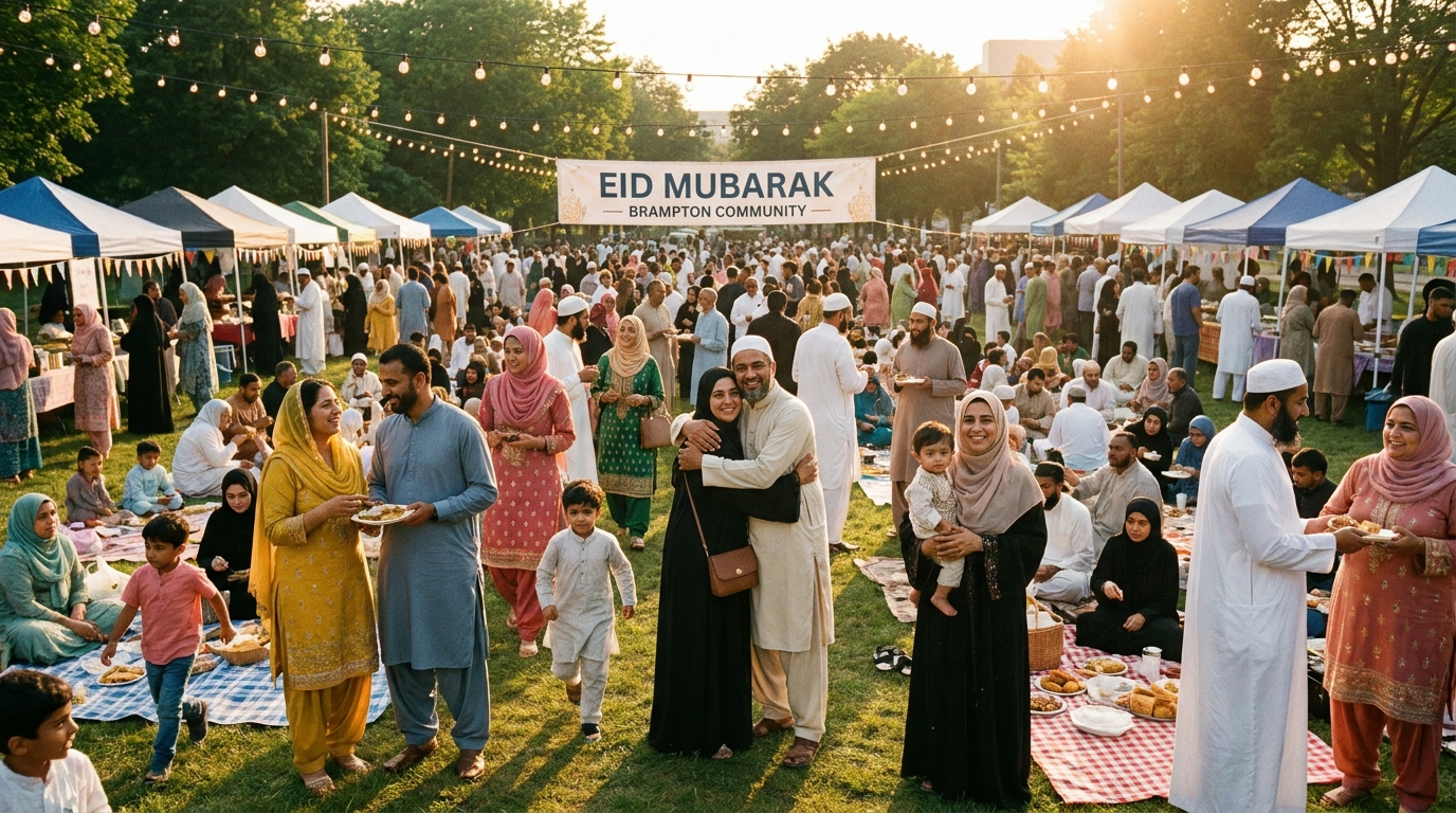 Eid marketing Canada 2026: Muslim Canadian families celebrating Eid with food and community gatherings in Brampton, Ontario.