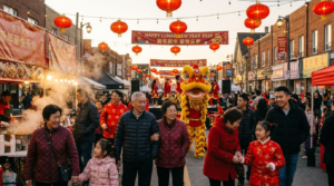 Lunar New Year marketing Canada 2026: Chinese Canadian community members celebrating the Year of the Horse with lion dances and red lanterns in Markham, Ontario.