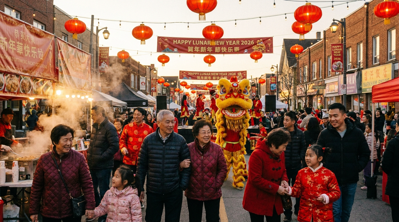 Lunar New Year marketing Canada 2026: Chinese Canadian community members celebrating the Year of the Horse with lion dances and red lanterns in Markham, Ontario.