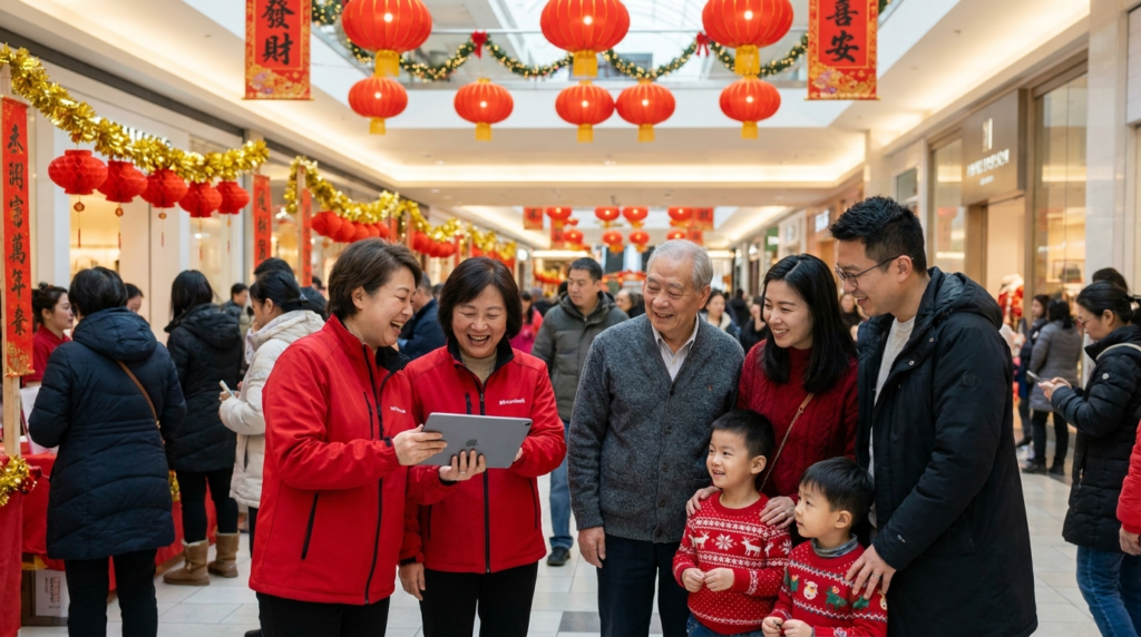 Lunar New Year marketing Canada 2026: brand ambassador team engaging with Chinese Canadian families at a Lunar New Year activation in Markham, Ontario.
