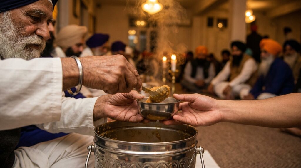 Vaisakhi brand activation Canada 2026: a community elder serving karah parshad at a gurdwara langar during Vaisakhi in Brampton, Ontario.