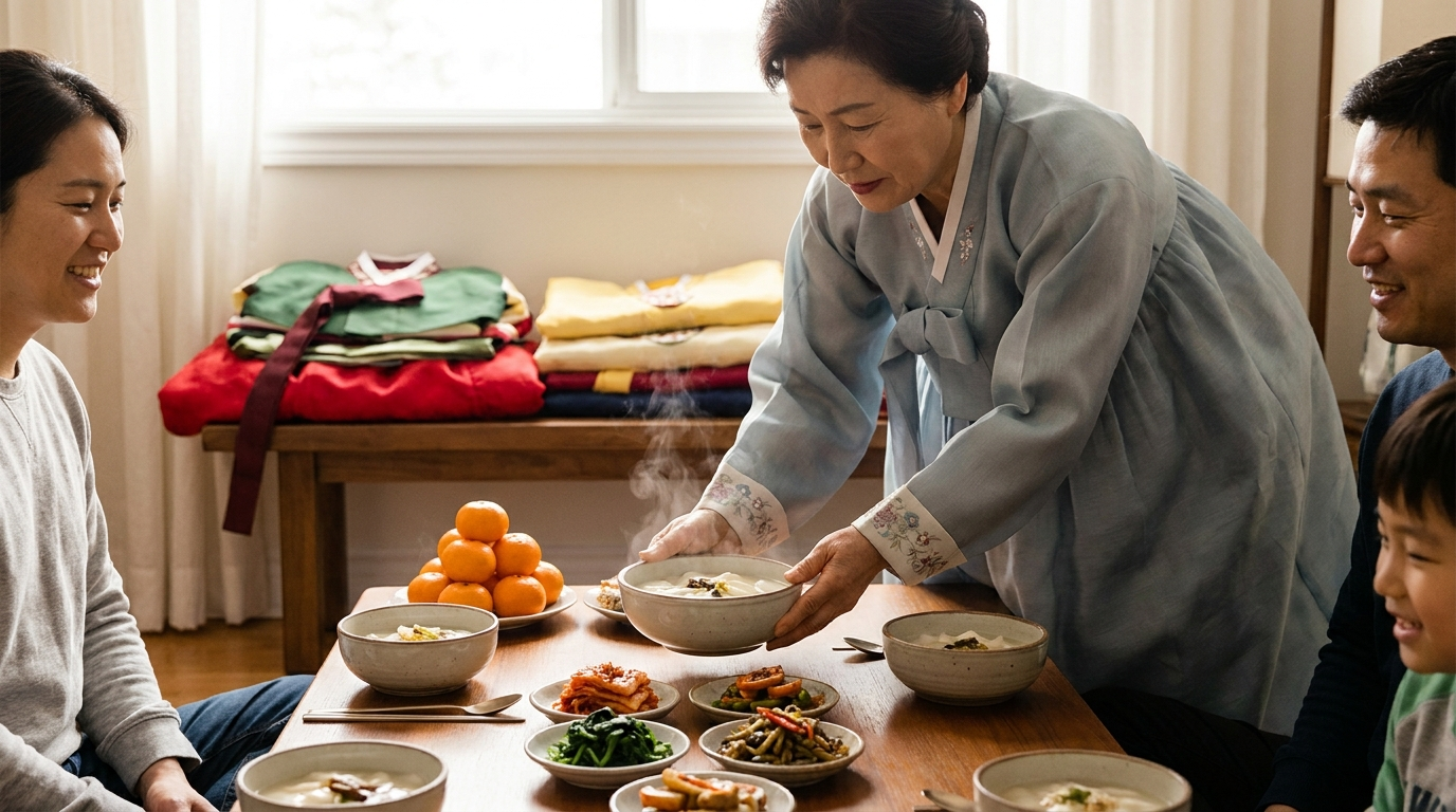 Korean Canadian consumer 2026: a Korean Canadian family preparing a Seollal table with tteokguk, traditional dishes, and folded hanbok in a Toronto home.
