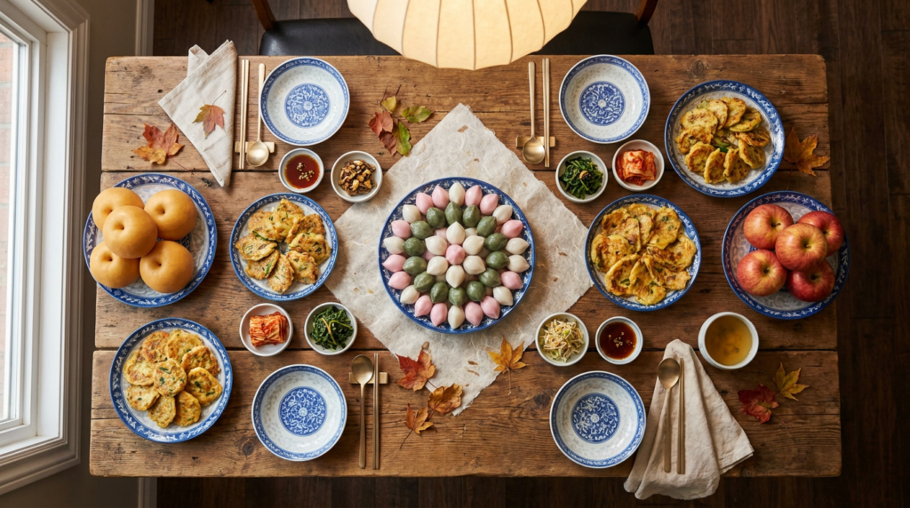 Korean Canadian consumer 2026: a Chuseok table spread with songpyeon rice cakes, jeon, stacked fruit, and traditional ceramic dishes at a Toronto Korean Canadian home.