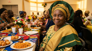Black Canadian consumer 2026: a Nigerian Canadian grandmother in a vibrant gold and green aso-oke gele headwrap at a community celebration in Brampton, Ontario.