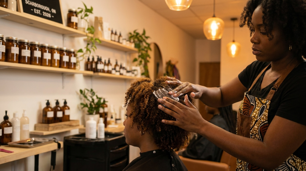 Black Canadian consumer 2026: a Black-owned natural hair salon in Scarborough, Ontario, with a stylist working on a client's natural coils under warm salon lighting.