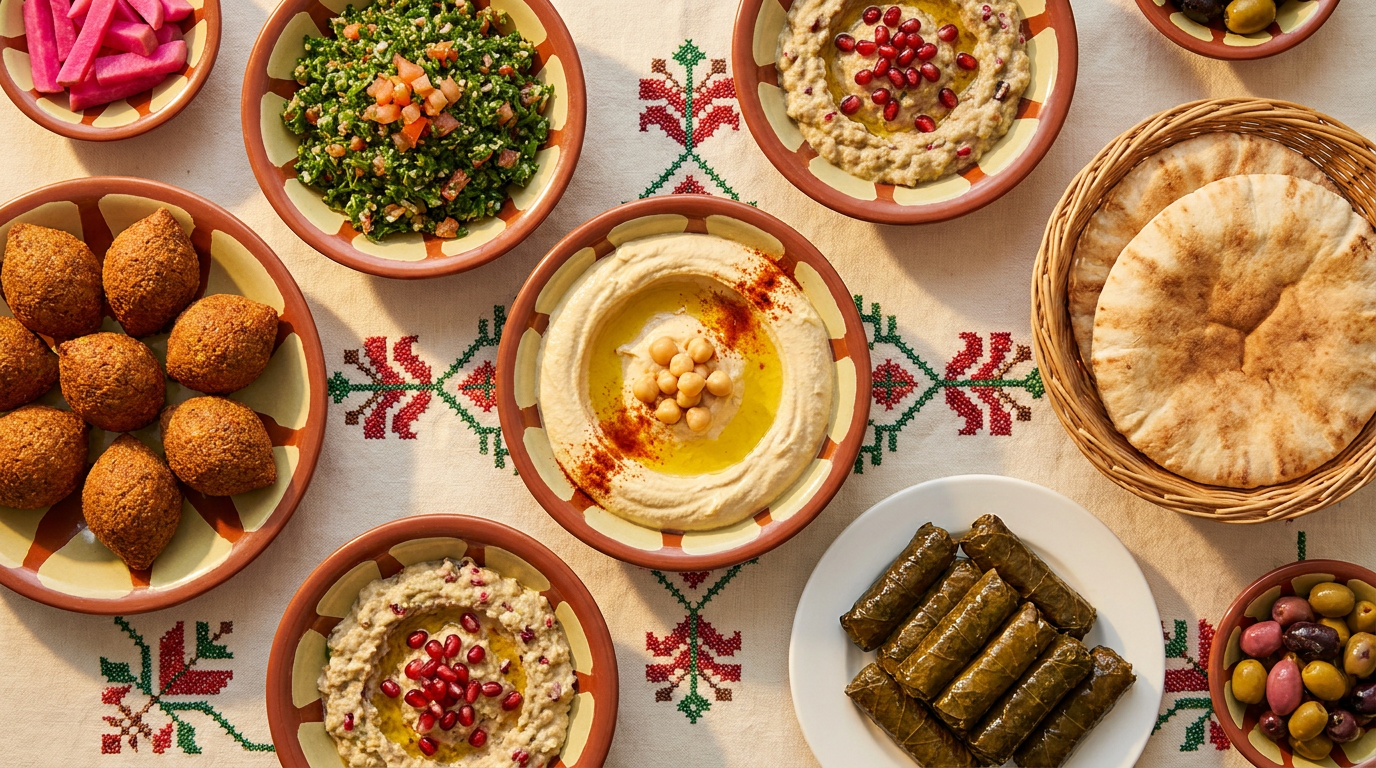 Arab Canadian consumer 2026: an overhead flat-lay of a Lebanese Canadian family mezze table with hummus, tabbouleh, kibbeh, stuffed vine leaves, and fresh pita in Mississauga, Ontario.